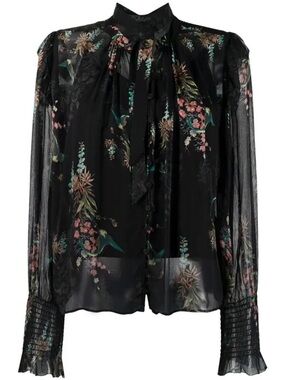 All Saints Sheer Floral Blouse Black Tie Neck Smocked Cuff Size 8